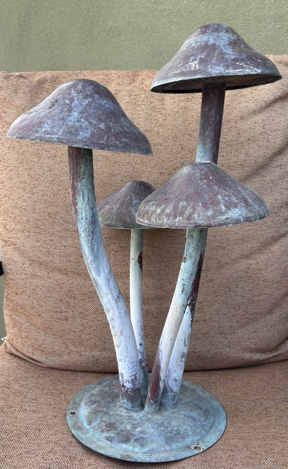 Vintage Copper Mushroom Statue Natural Patina 21” Tall