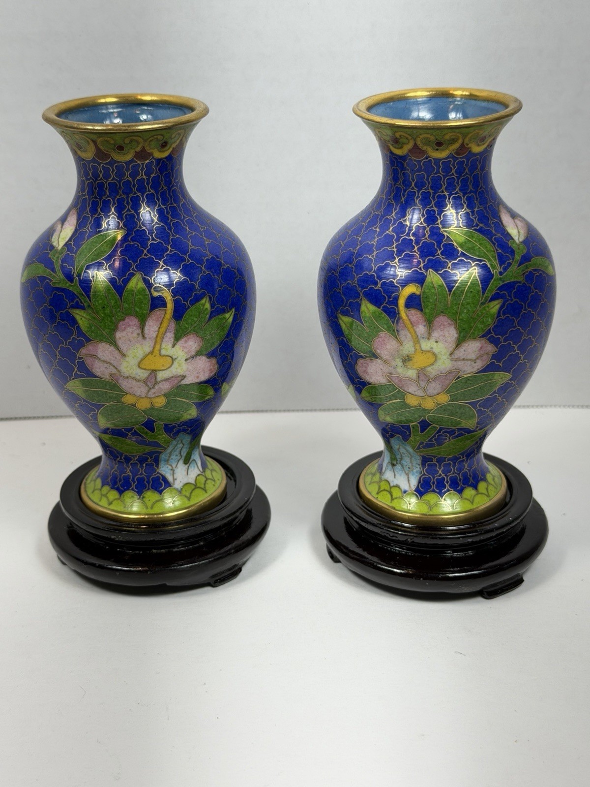 Two Vintage Chinese Cloisonne Enamel Vases with Stands 6” Blue Lotus In Box