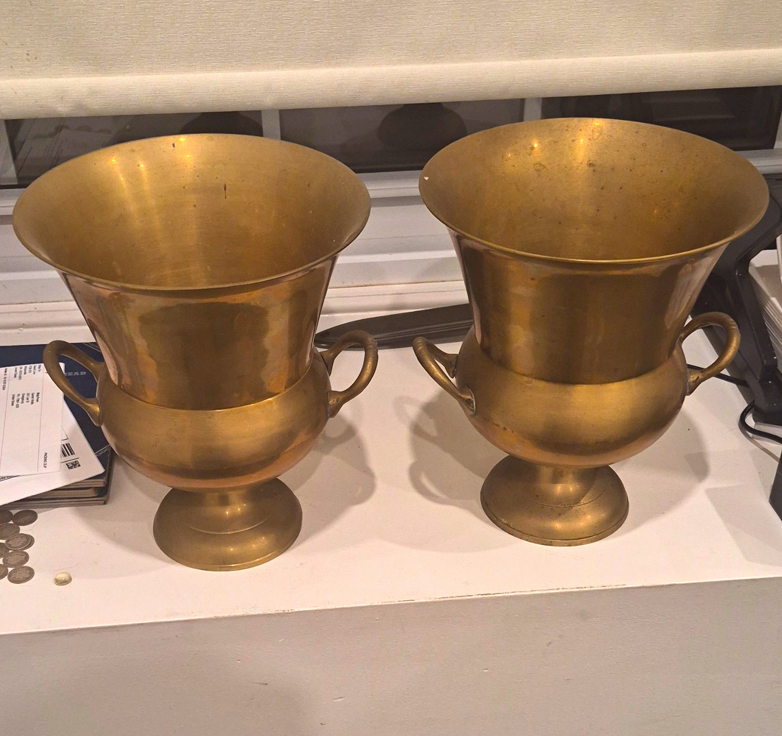 Pair of Vintage Solid Brass Pedestal Urns - Mid Century Champagne Bucket Deco Pair of Vintage Solid Brass Pedestal Urns - Mid Century Champagne Bucket Deco