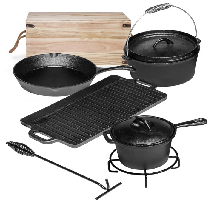 Juego de cocina camping 7 piezas hierro fundido con caja y tapas incluidas