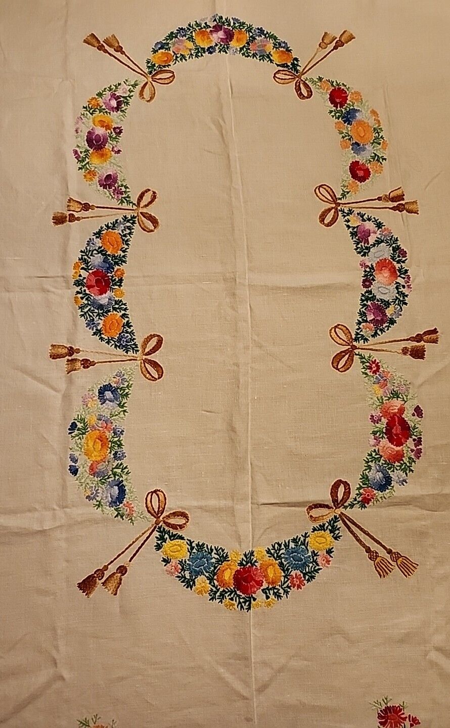 Vintage Linen Hand Embroideried Tablecloth Pansies Rectangular 61.5 X 46 MCM 