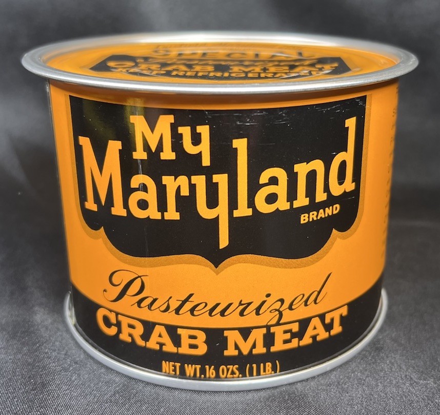 NOS 16OZ MY MARYLAND CRAB MEAT CO CRISFIELD MARYLAND ORANGE BLACK UNUSED TIN