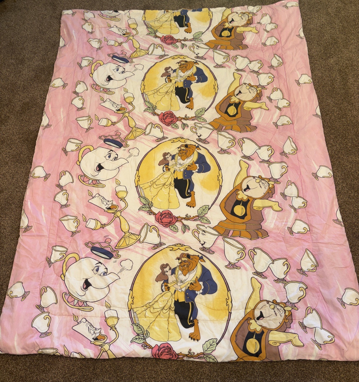 Vintage 1991 Disney Beauty and the Beast Comforter Twin82” x 62” Pink reversible