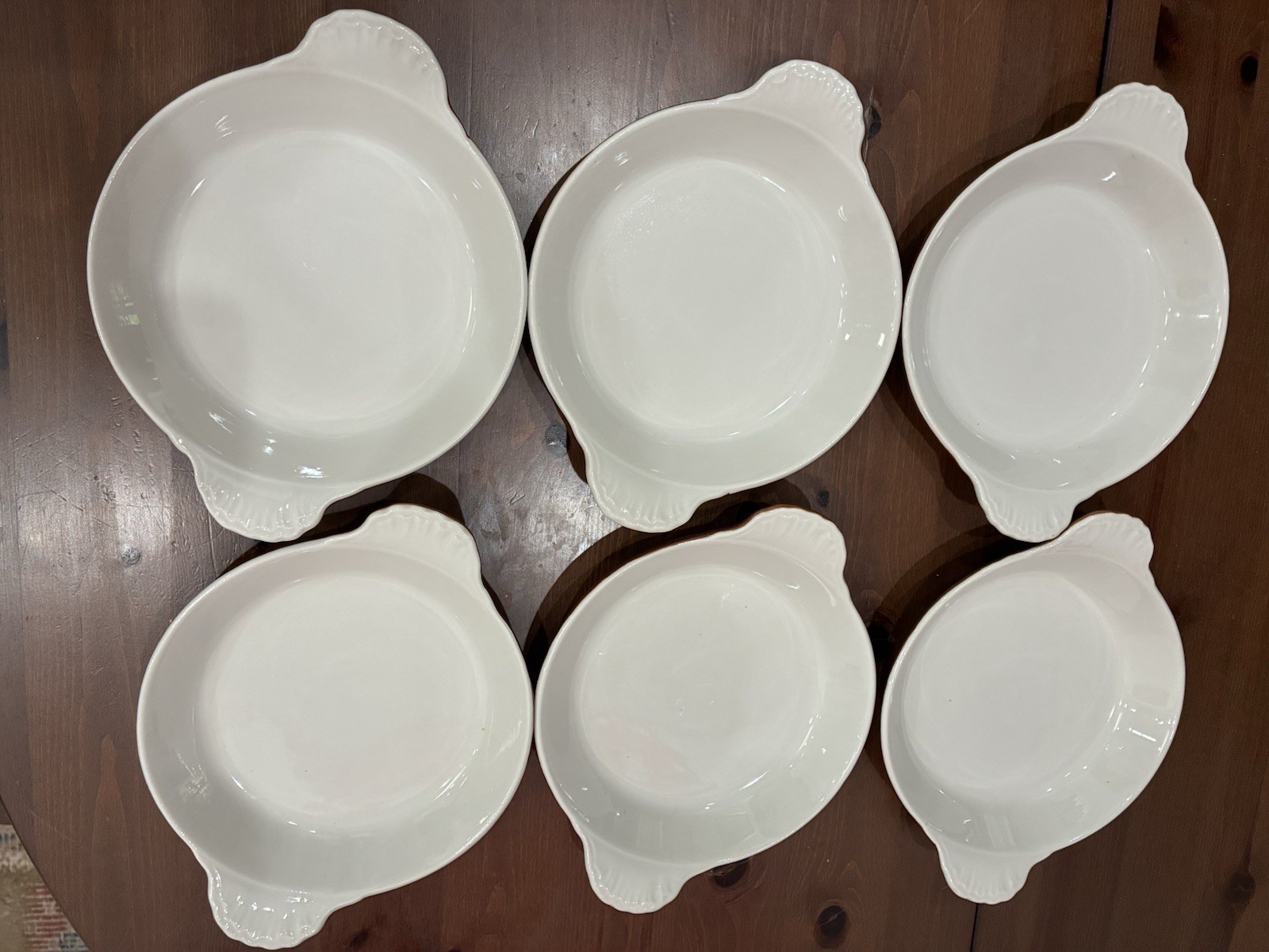 6 Vintage Hall Pottery Ind. Casserole/Au Gratin Baking Dishes Two Tone Wht/Brwn 6 Vintage Hall Pottery Ind. Casserole/Au Gratin Baking Dishes Two Tone Wht/Brwn