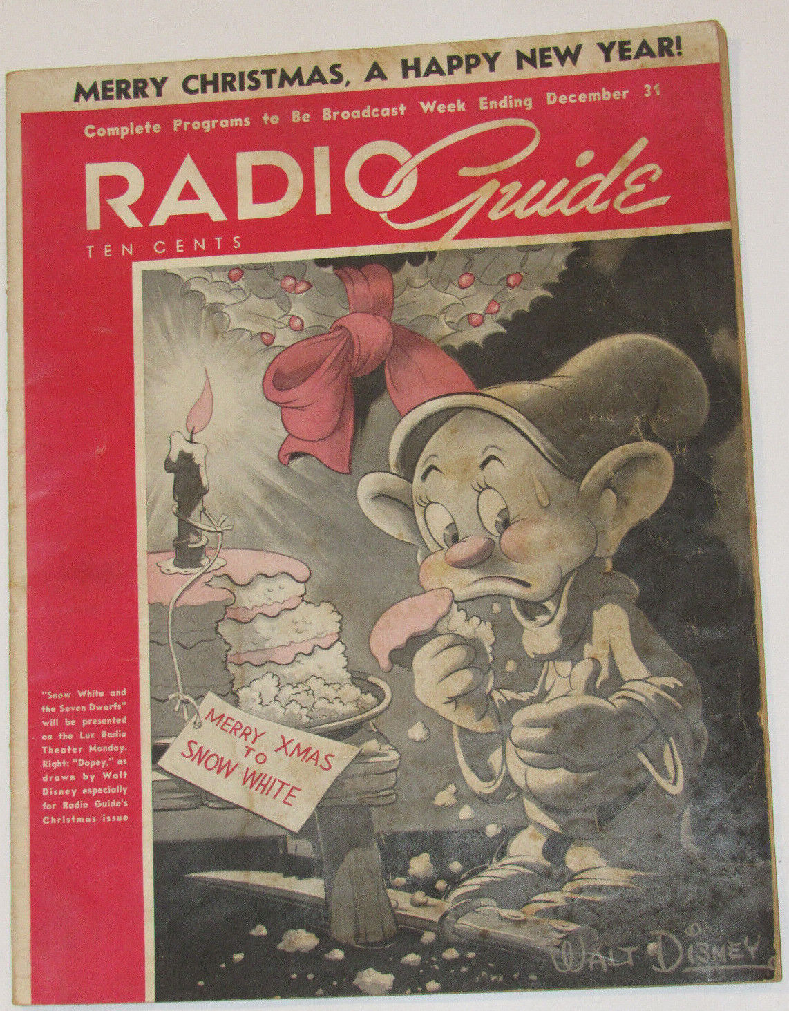 VTG 1938 WALT DISNEY DRAWING ON RADIO GUIDE MAGAZINE XMAS COVER-DOPEY/SNOW WHITE