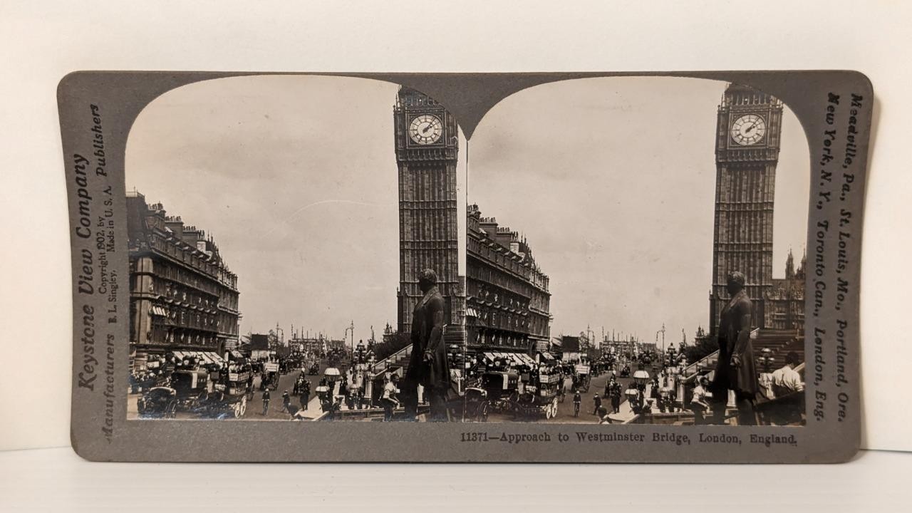 b931, Keystone Stereoview, #11371, Approach to Westminster Bridge, London, c1902