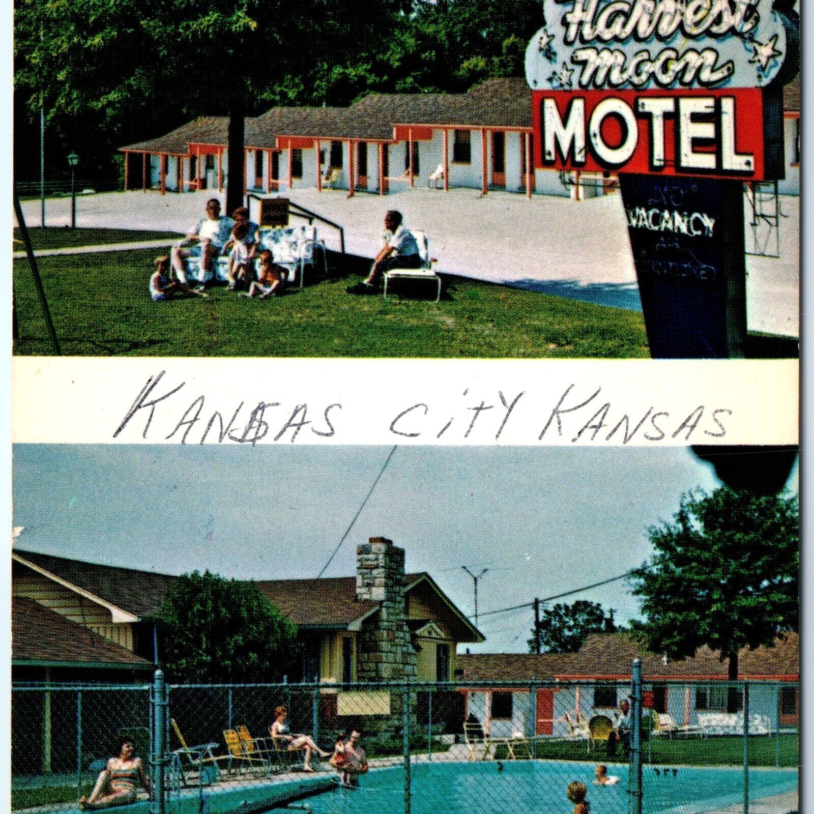 c1950s Kansas City, KS Harvest Moon Motel Neon Sign Chrome Photo Postcard A144