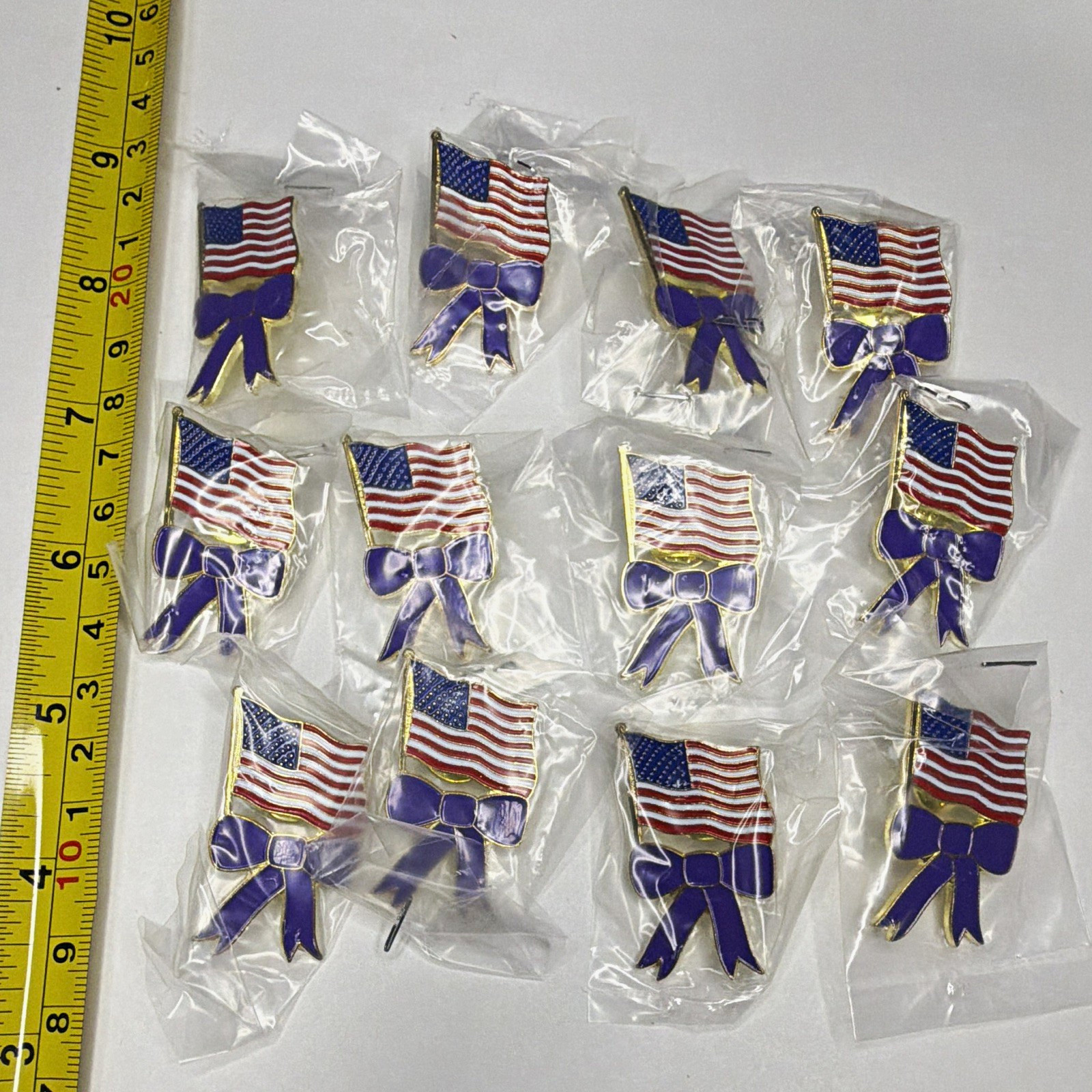 Lot of 12 American Flag Purple Ribbon Enamel Lapel Pins Patriotic USA New Bagged