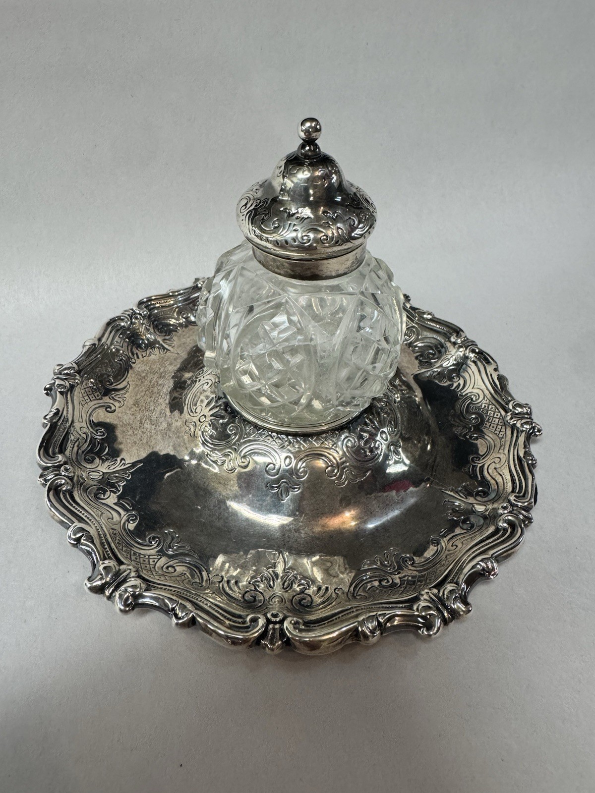 Antique Victorian 1800s English Sterling Silver Inkwell Crystal Antique Victorian 1800s English Sterling Silver Inkwell Crystal