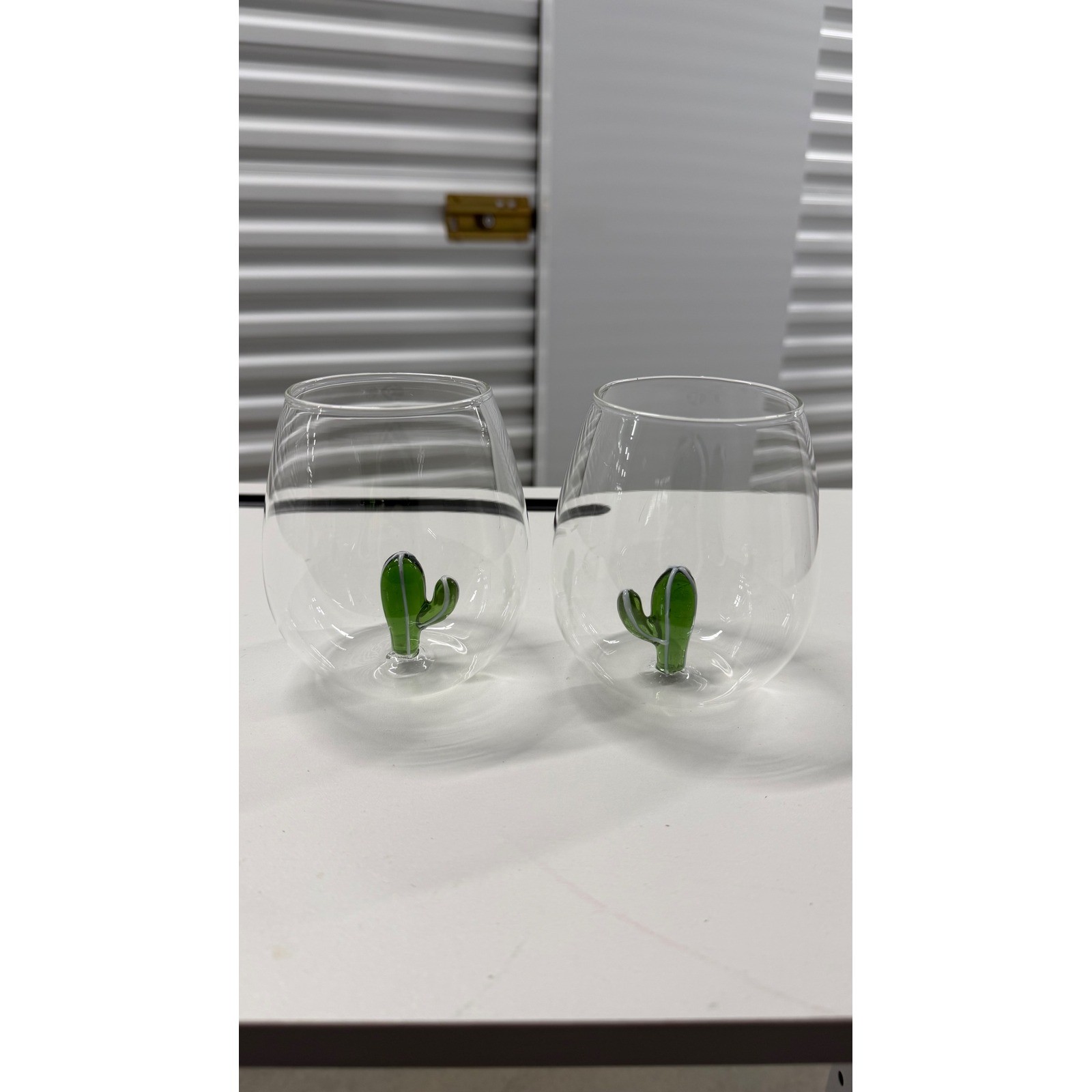Set of 2 Cactus Stemless Wine Glasses 17oz Handcrafted 3D Glass Figurine Green