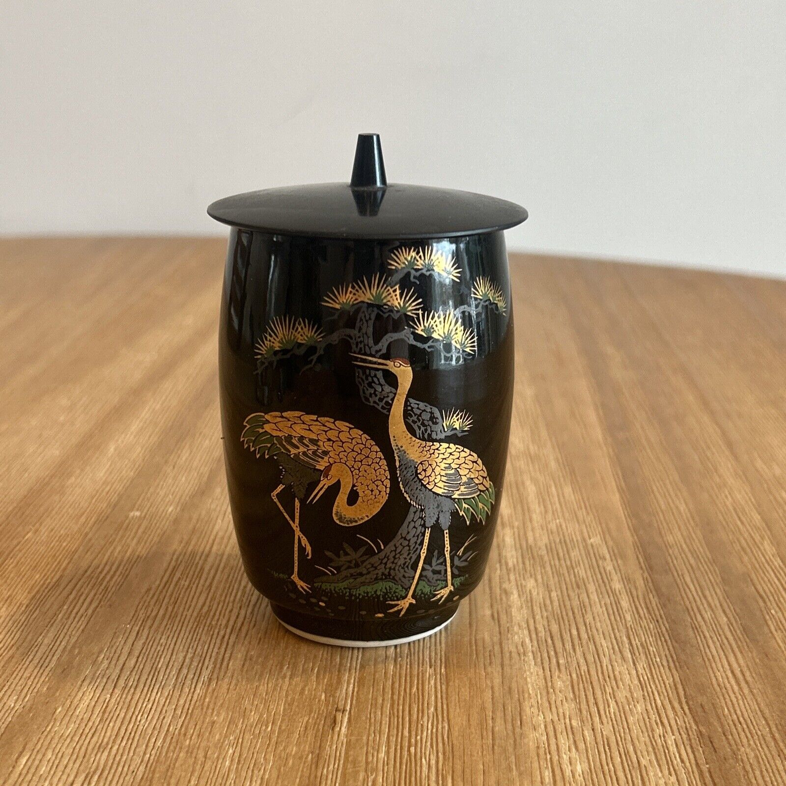 Japanese Black Porcelain Vase with Gold Herons Gold Accents & Resin Lid