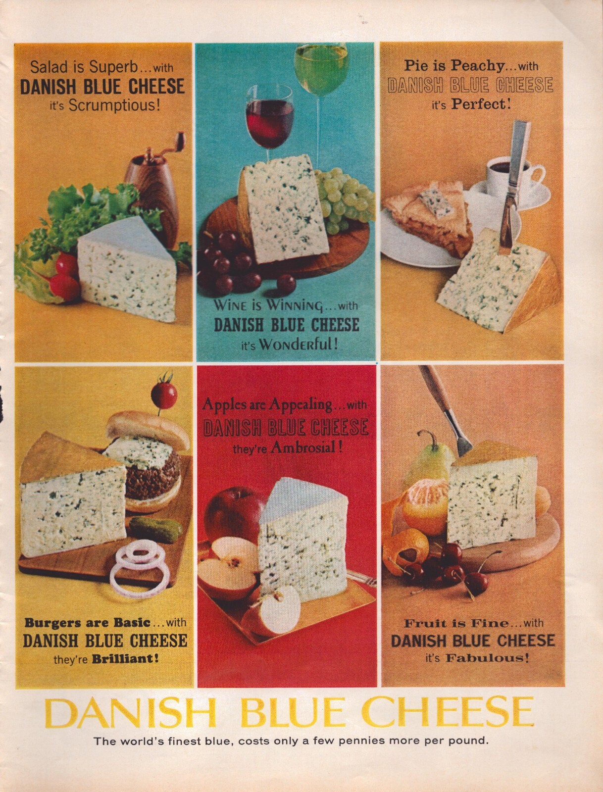 1962 Danish Blue Cheese Vintage 1960s Print Ad World's Finest Brilliant Fabulous