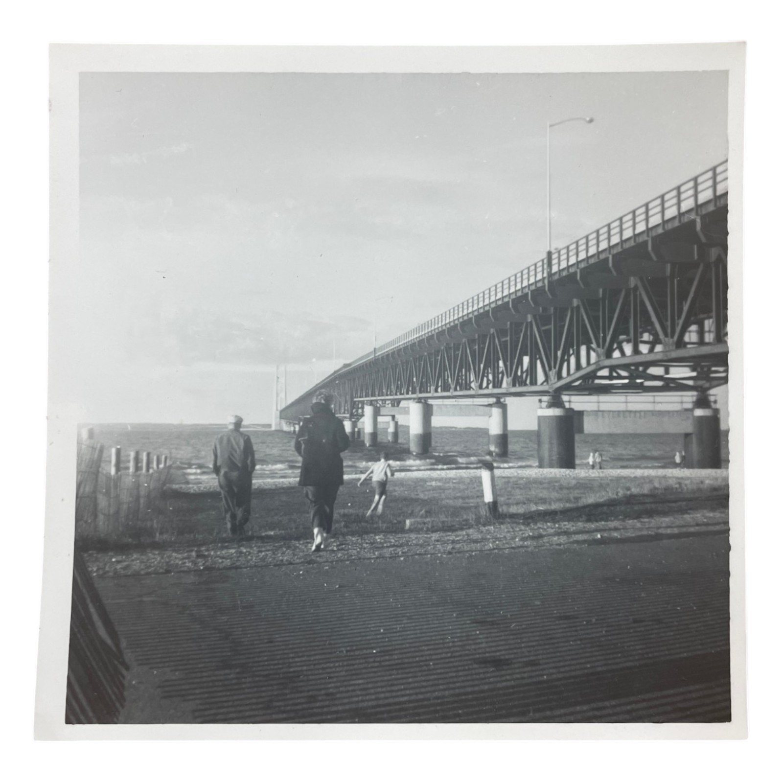 Vtg Bridge Snapshot Photo Waterfront Scene People Walking 1940s View