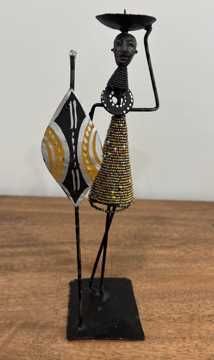 African Hand Crafted Black Metal Woman w/Multi Beaded Dress Candle Holder
