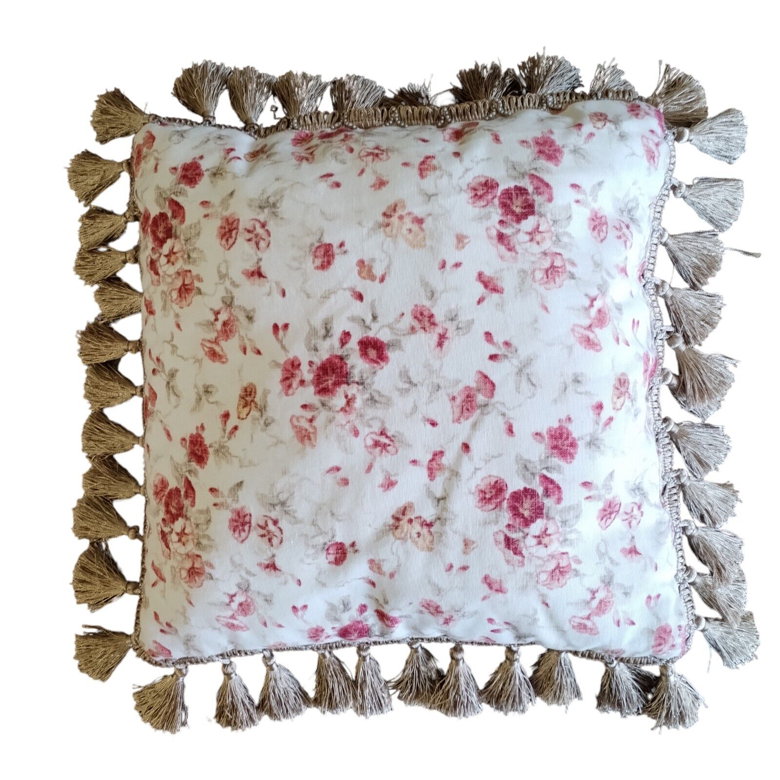 Victorian Shabby Chic Roses Flower Pillow Tassel Fringe Pink Beige Square French