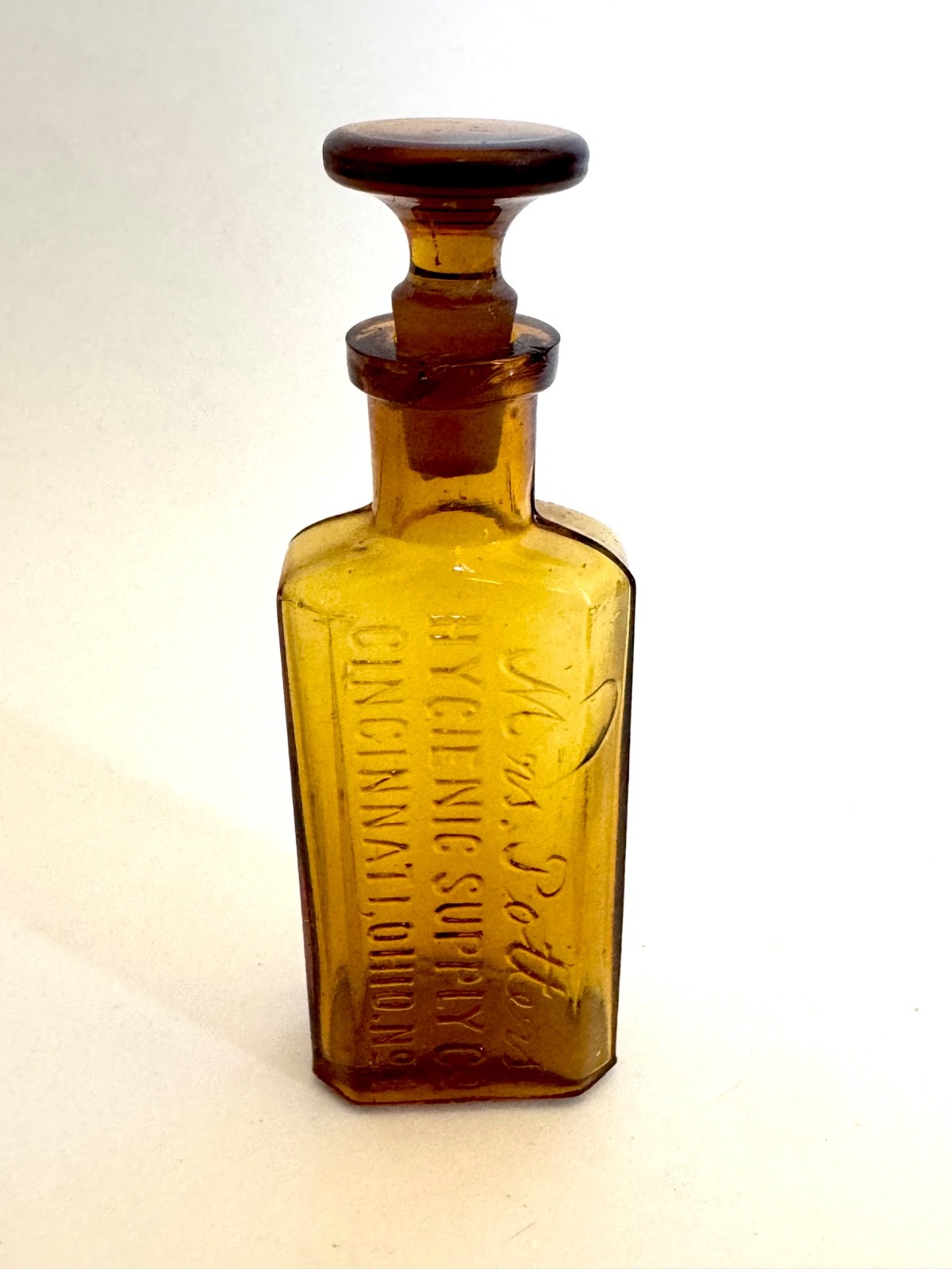 Antique Amber Druggist Style Bottle, Mrs. Potter’s Hygenic Supply Co. Cincinnati Antique Amber Druggist Style Bottle, Mrs. Potter’s Hygenic Supply Co. Cincinnati
