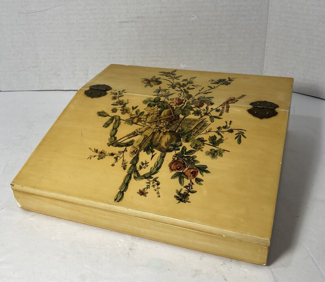 Vtg Small Portable Slanted Letter Writing Desk-Painted Wood Floral-Hinged-9x9x3”