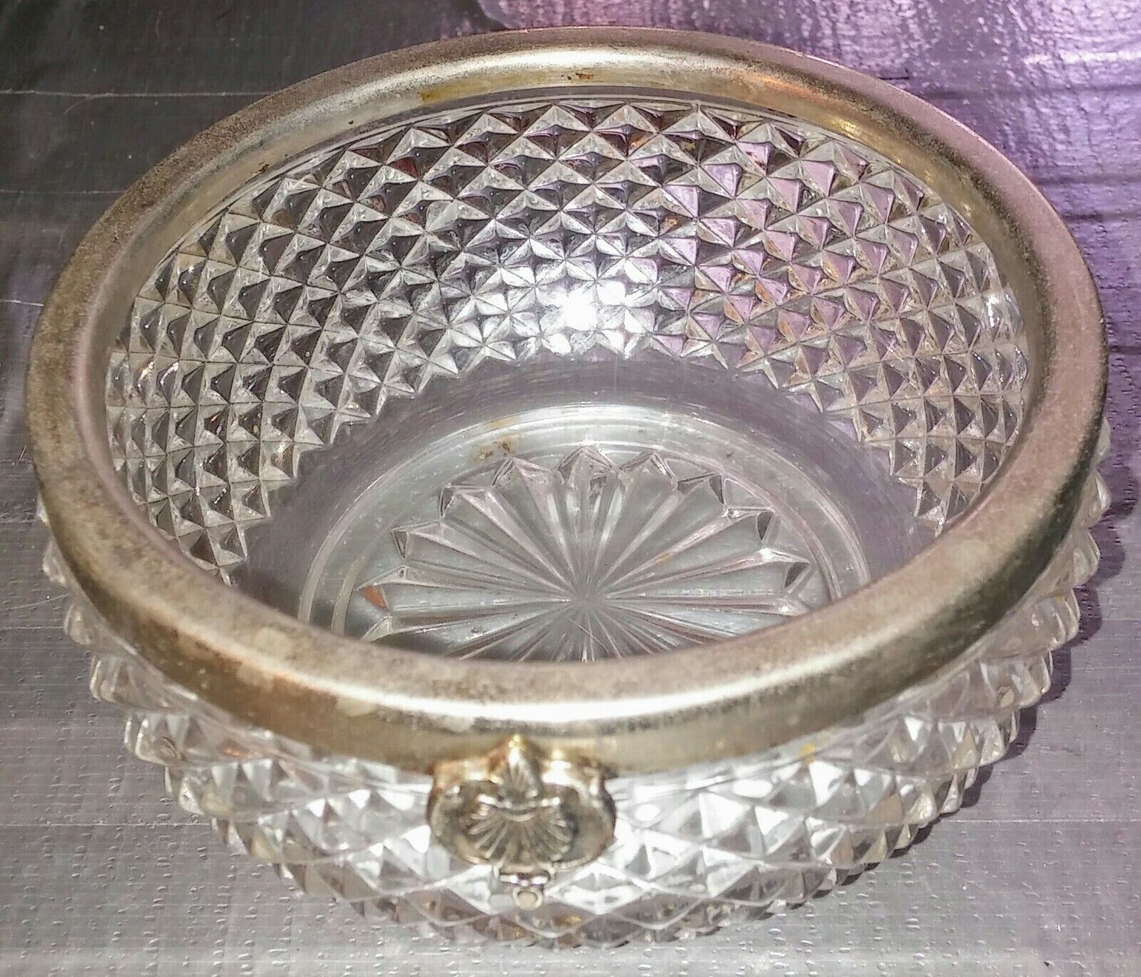 English Pointed Hobnail Bowl with Silverplate Rim
