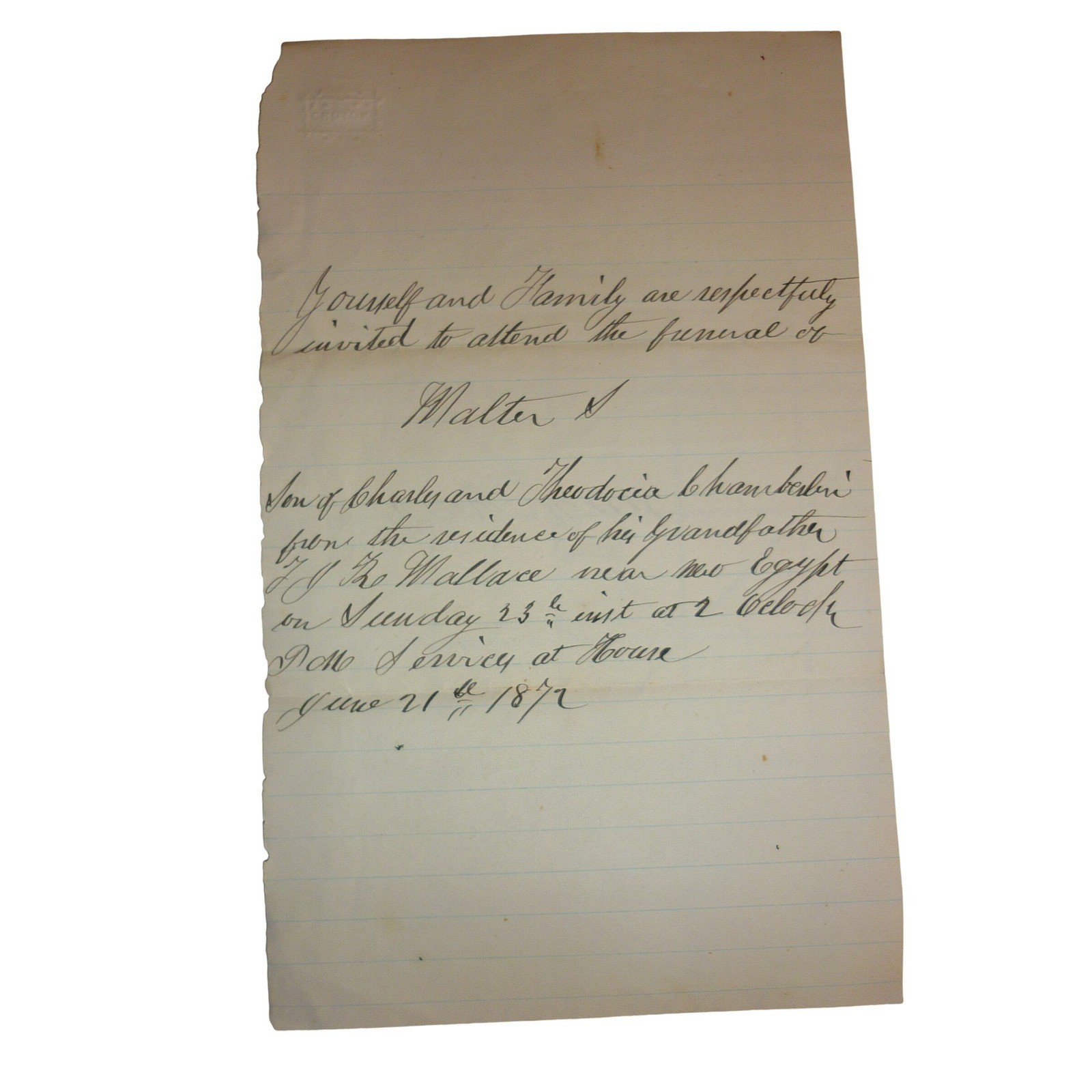 Antique 1872 Handwritten Funeral Invitation New Egypt NJ - Chamberlin Family