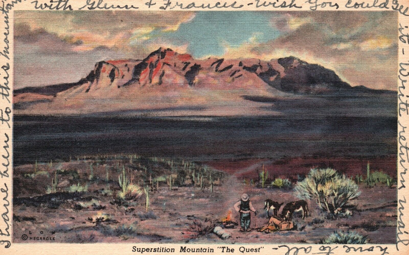 Vintage Postcard 1932 Superstition Mountain The Quest Fine Art Print Arizona AZ