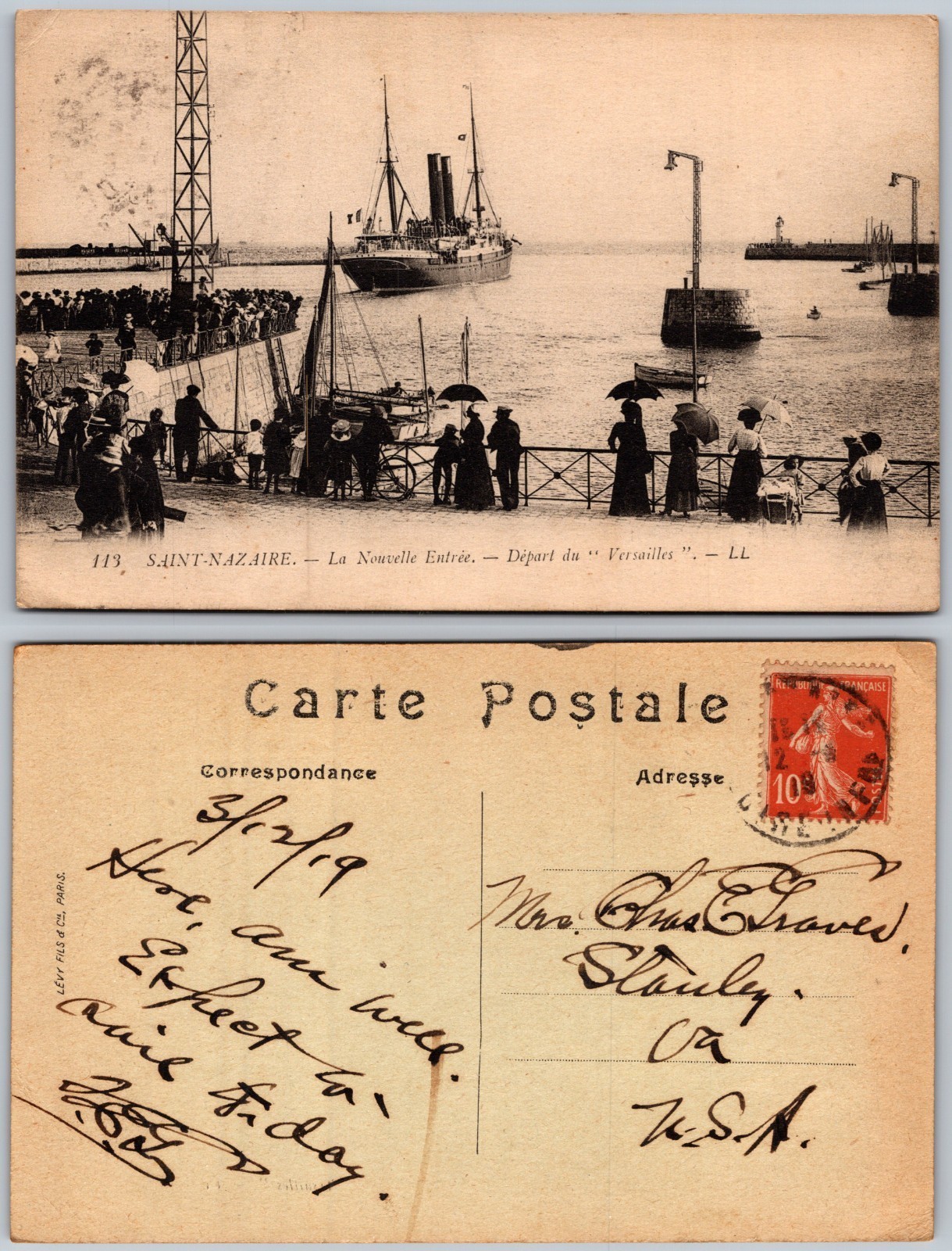 Vintage RPPC Saint-Nazaire France Ship Versailles Levy Fils Postcard 1919