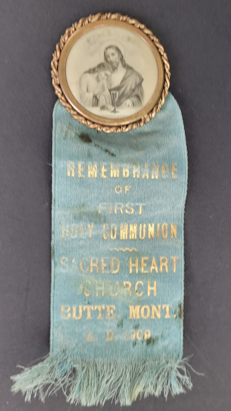 Antique Catholic First Communion Silk Button Badge 1909 Butte Montana Antique Catholic First Communion Silk Button Badge 1909 Butte Montana