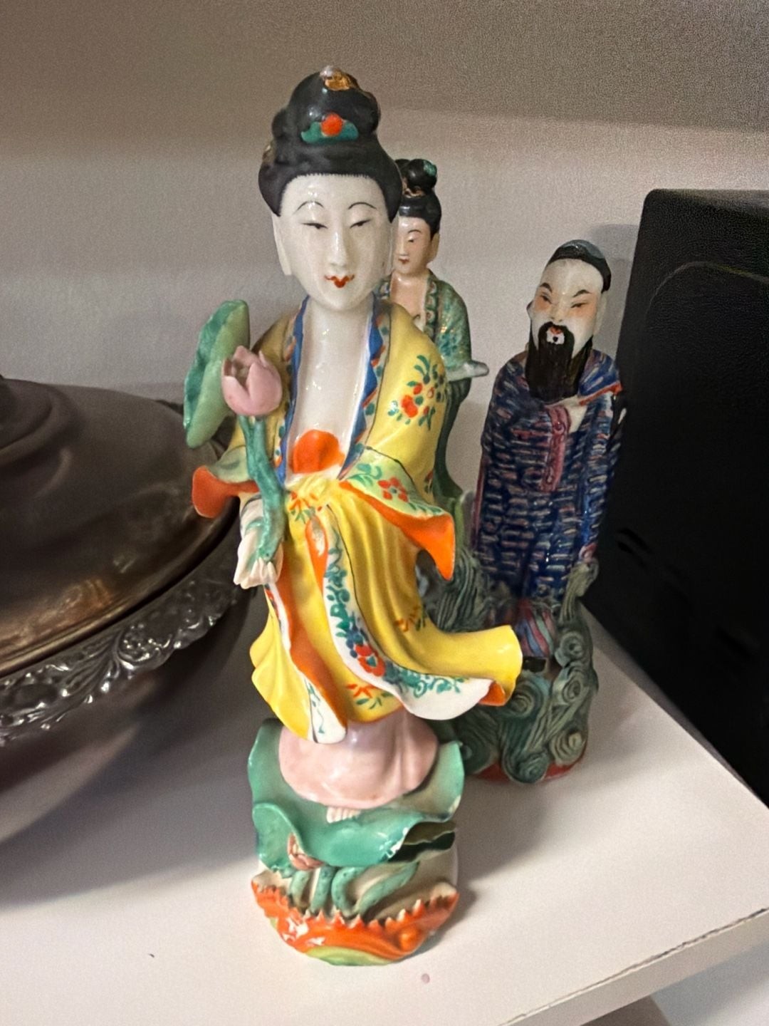Vintage Hand-Painted Chinese Famille Rose Porcelain Guanyin Figurine with Lotus