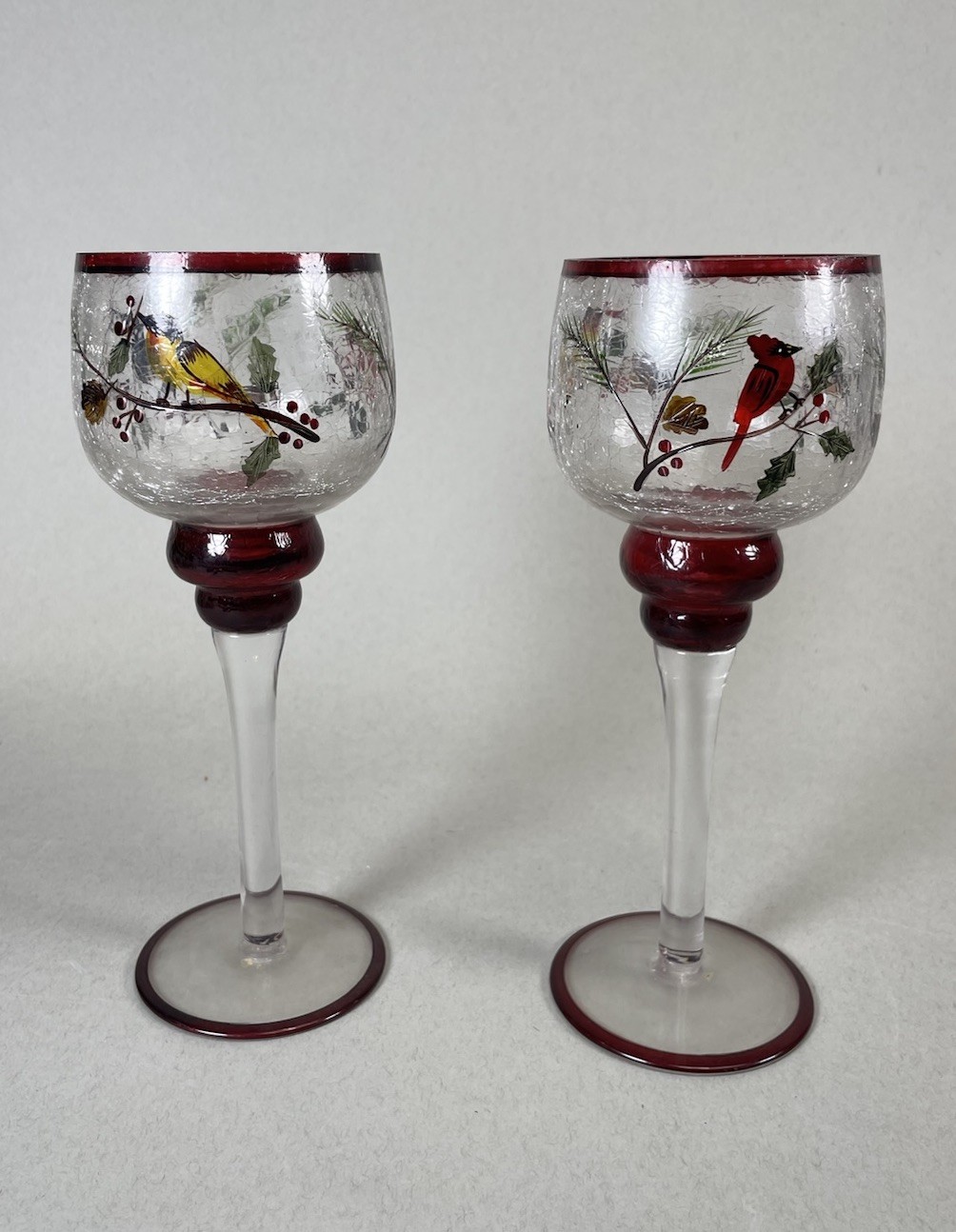 2 Ruby Red Art Glasses W/ Painted Birds