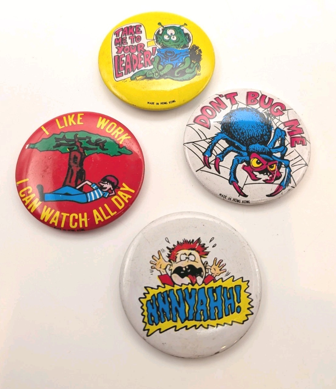 Vtg 1960s/70s Pin Back Buttons Sci-Fi Alien Spider Work Tin Litho~Funny~Lot of 4