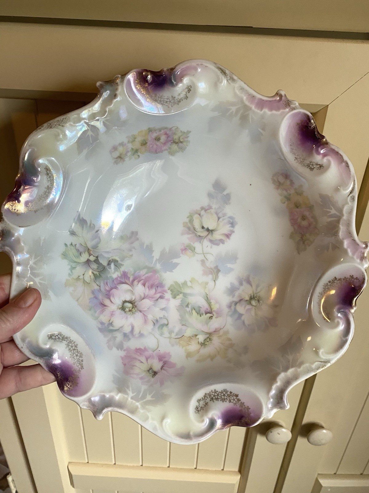 Antique VTG JSV Bavaria Purple Pink Floral Iridescent Serving Bowl Early 1900s