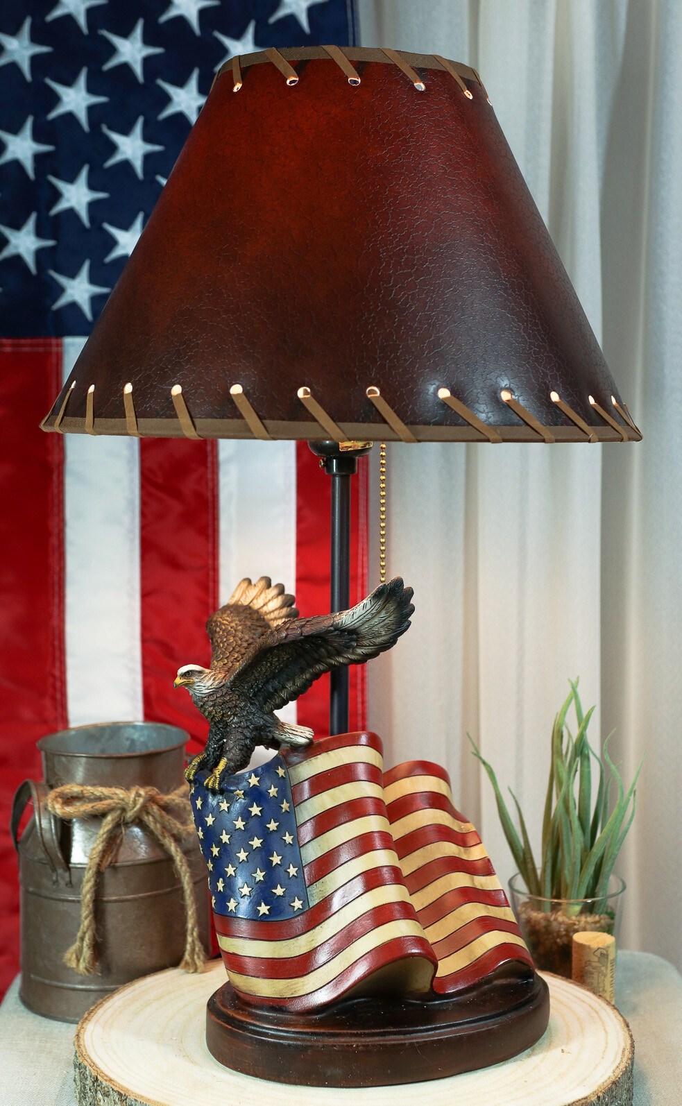 Soaring Bald Eagle With American Flag Memorial Table Lamp Figurine 19\