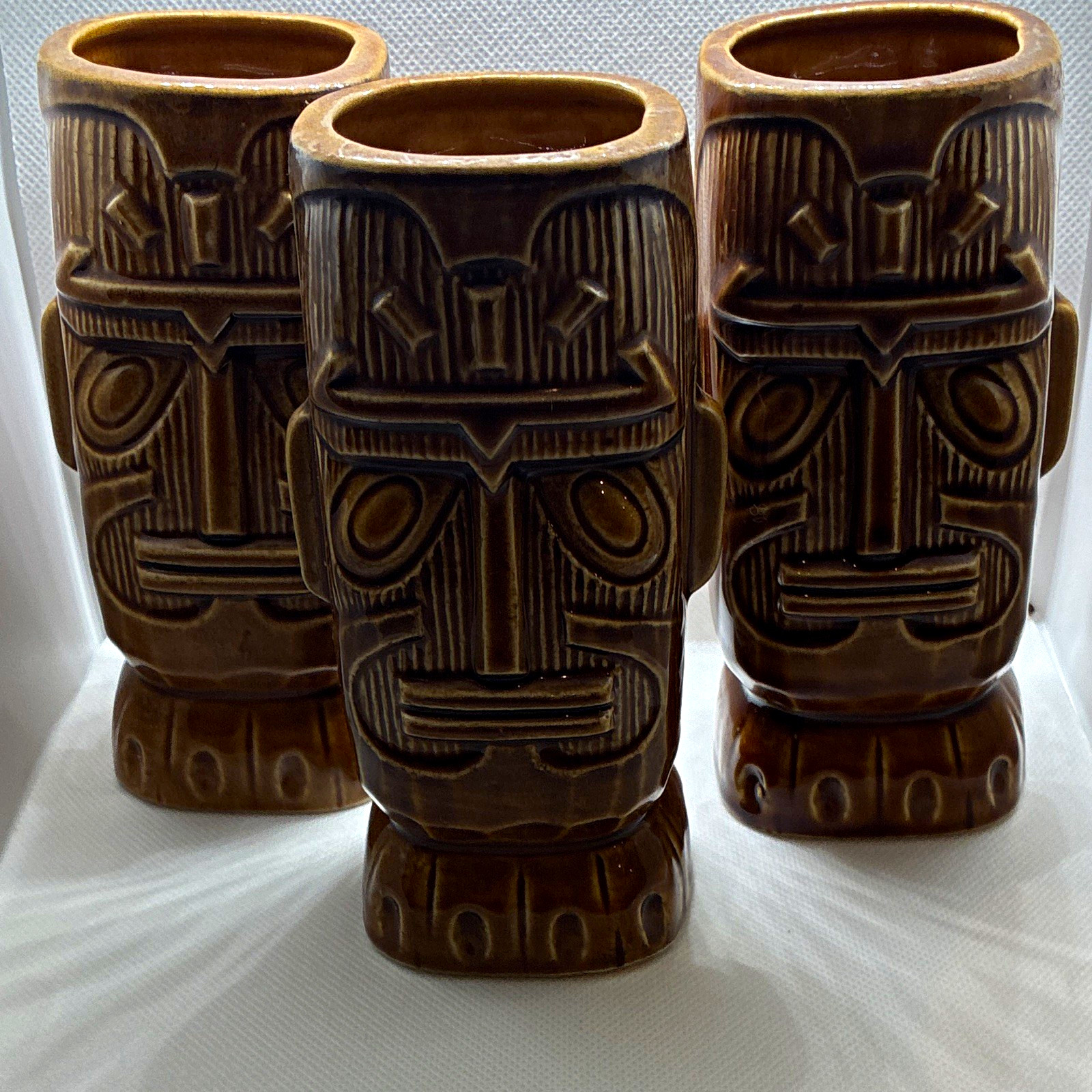 Set of 3 Brown Ceramic Tiki Mugs Hawaiian Ownership History Not Available