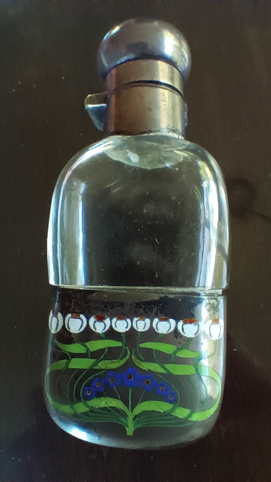 One of a kind antique Art Nouveau inscribed enamel corked perfume scent bottle