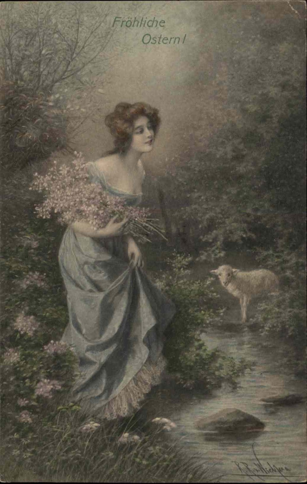 A/s RR Wichera GERMAN EASTER FROHLICHE OSTERN Beautiful Woman w Lamb PC