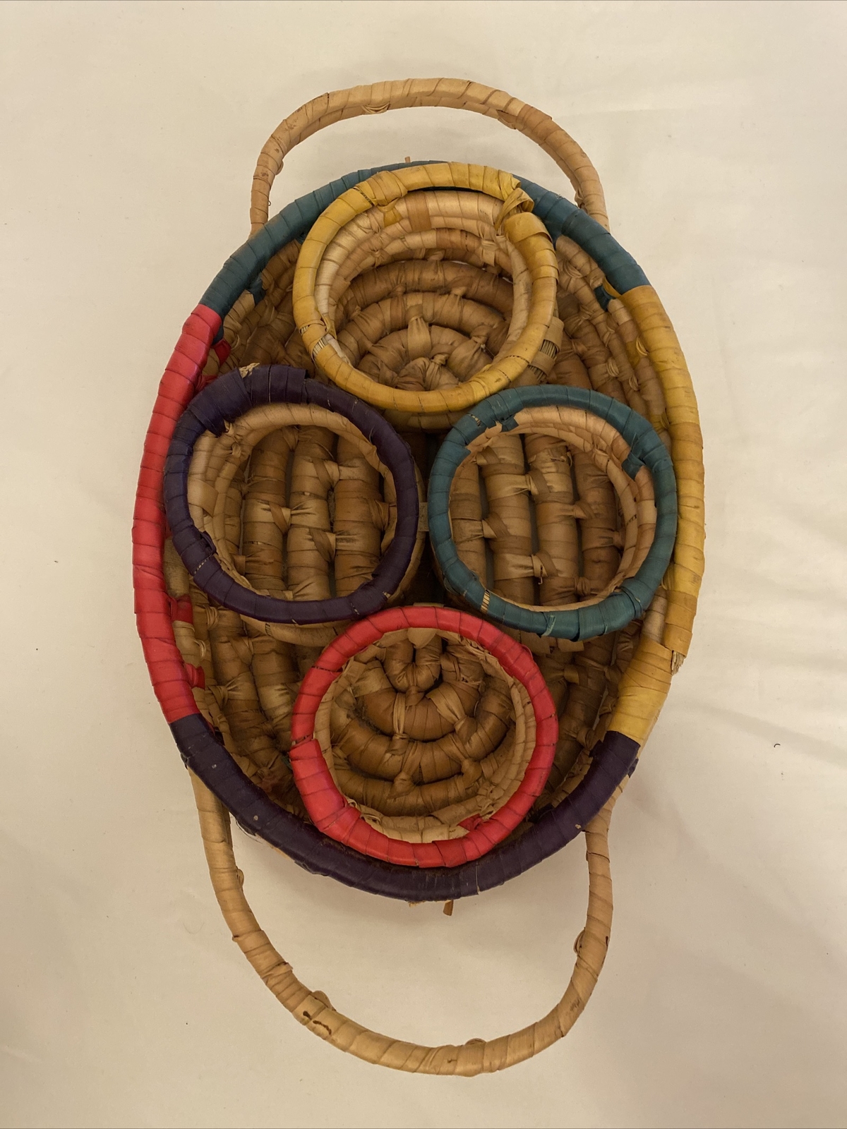 Vt Spanish Wicker Rattan 4 Drink Dip Holder Basket Tray Handles Colorful Boho