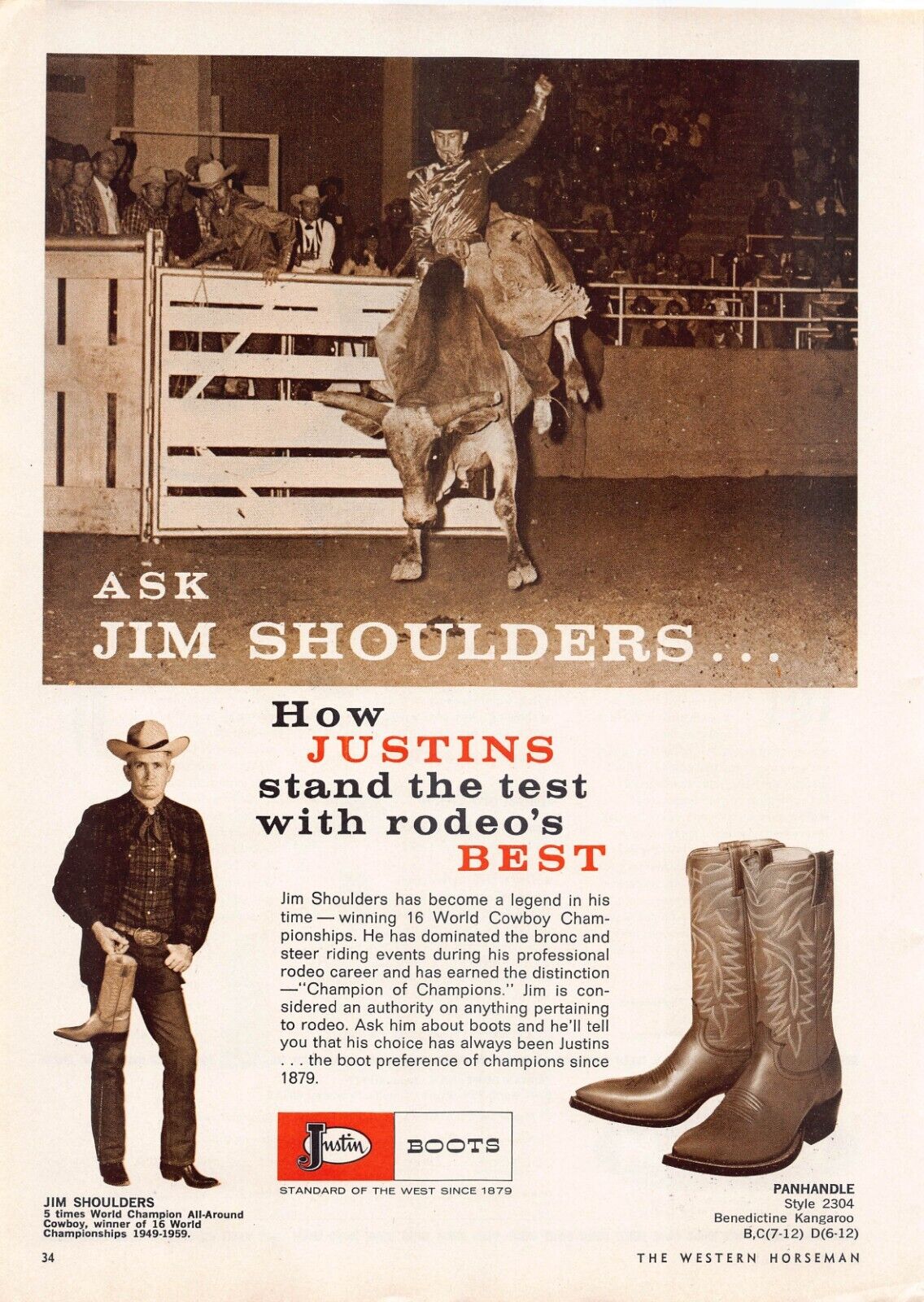 Justin Boots Print Ad Endorsed By Jim Shoulders 5-time World Champion All-Around