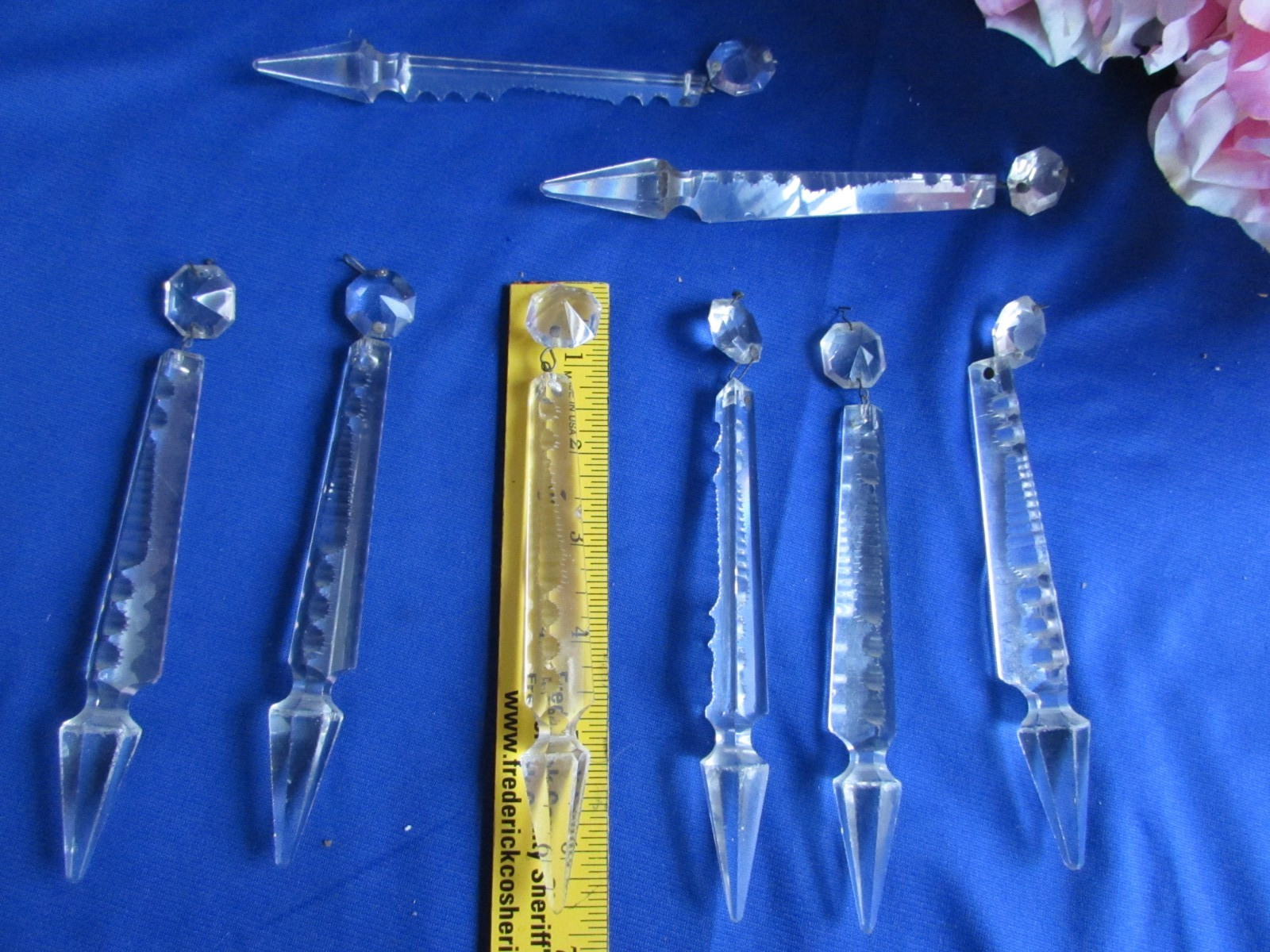 ANTIQUE LOT OF 8 FRENCH CUT CRYSTAL LUSTER SPEAR PRISMS WITH TOP BEADS 6 1/2\
