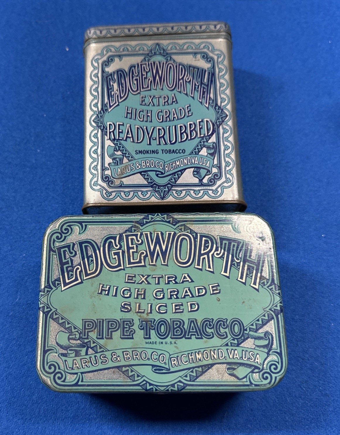 Lot 2 Vintage Edgeworth Hinged Lid Tobacco Tins, Ready Rubbed w/ Domed Lid