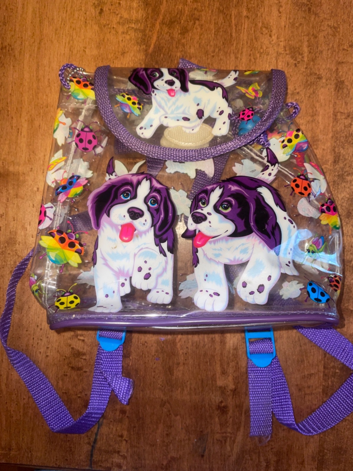 Lisa Frank Vintage 90s Plastic Drawstring Backpack Violet Velvet Purple Dog Bag
