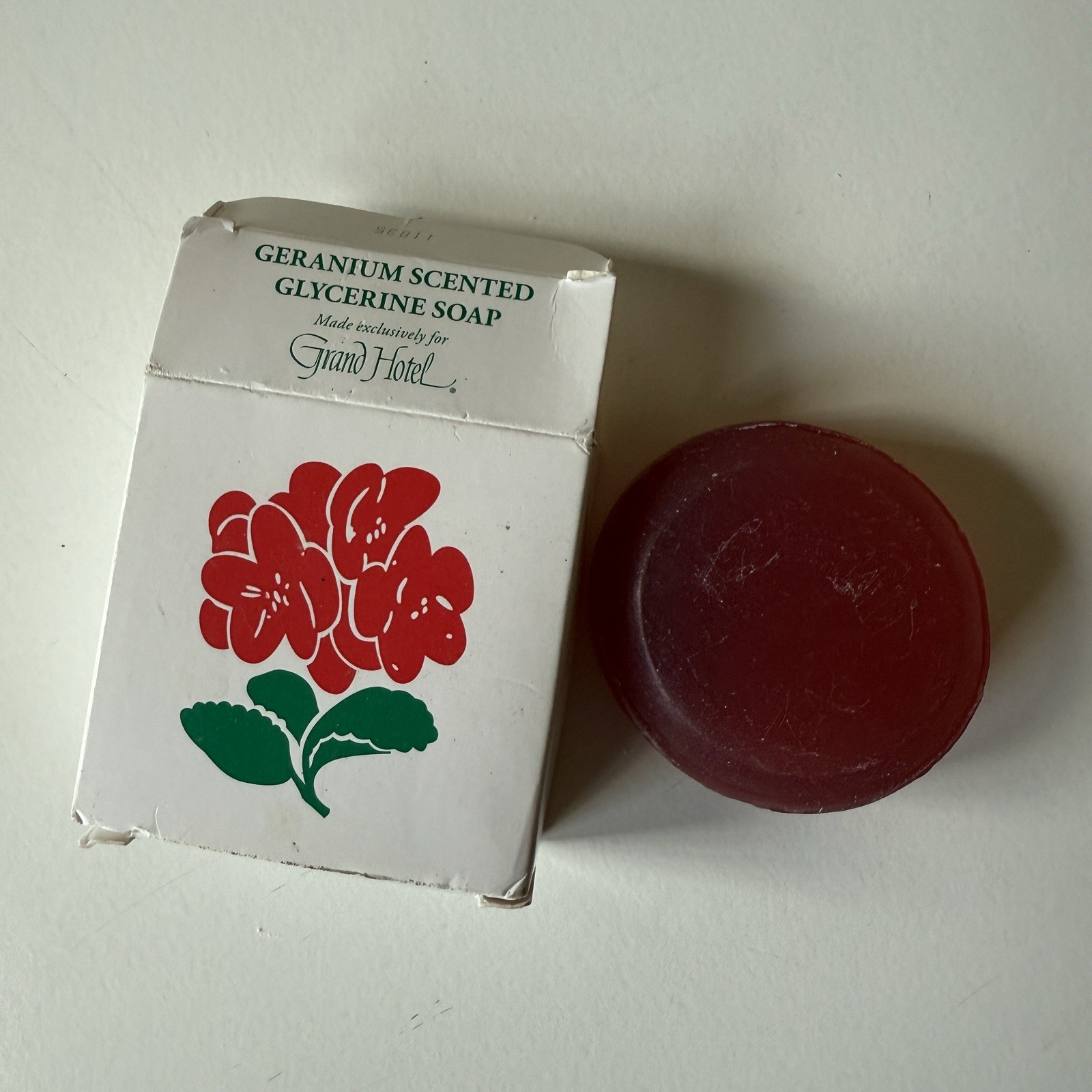 Vintage Grand Hotel Geranium Glycerine Bar Soap, Round, Boxed, Red Vintage Grand Hotel Geranium Glycerine Bar Soap, Round, Boxed, Red