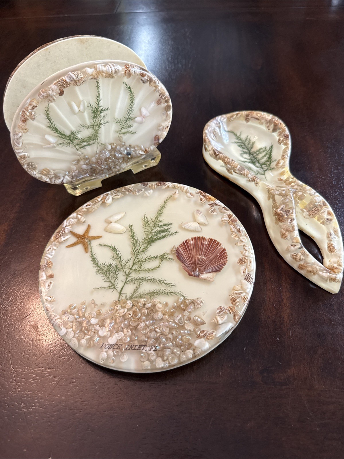 Vtg MCM Lucite Shell Trivet, Napkin Holder & Spoon Rest Set - Ponce Inlet
