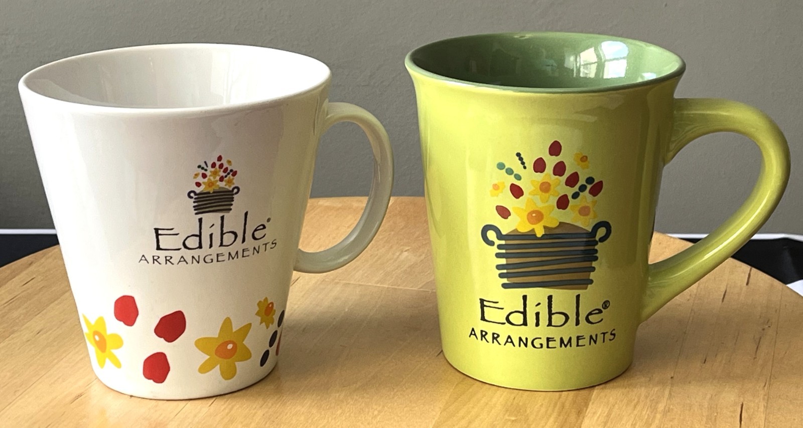 2 Vtg Edible Arrangements Floral Coffee Mugs: White Germanic Big & Lime Green