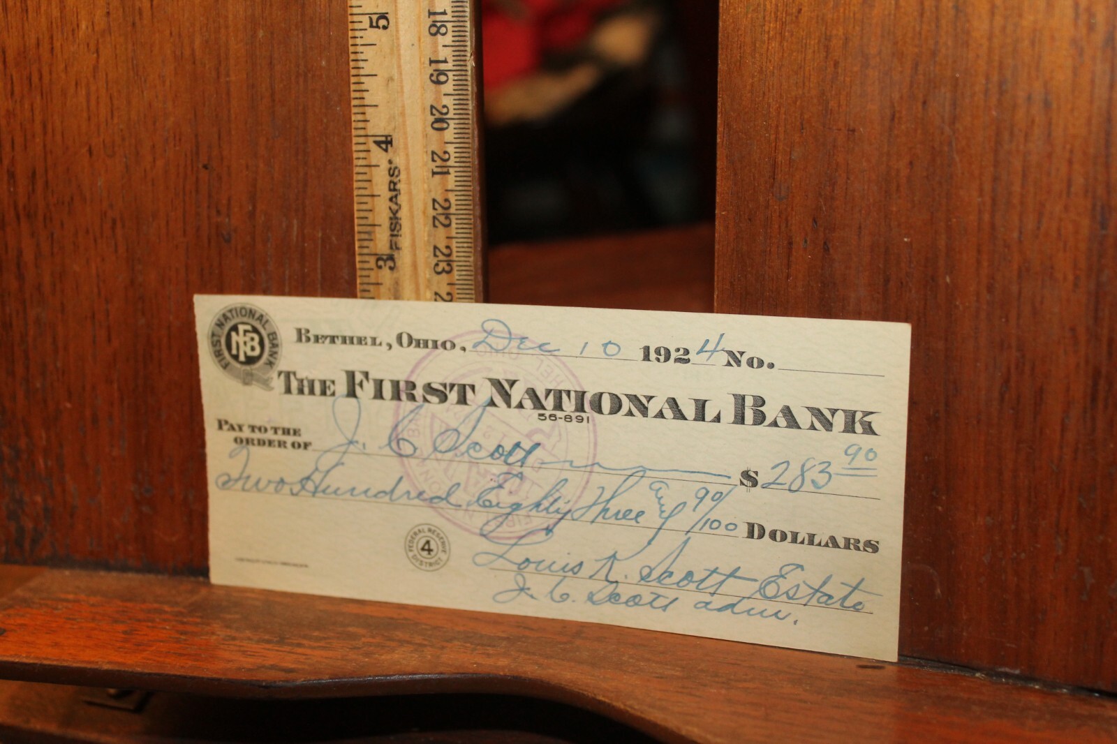 Antique 1924 Bethel Ohio First National Bank Ohio Cancelled Check