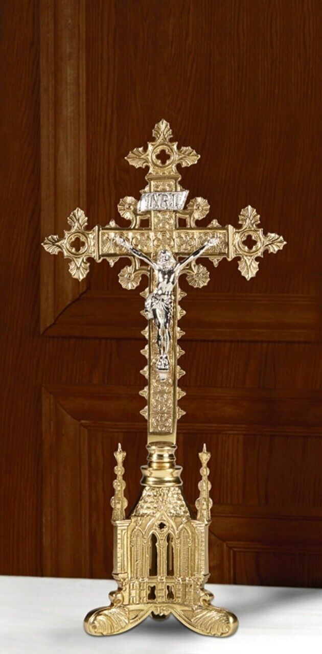 Two Tone Nickel Plated Brass San Pietro Altar Crucifix For Churches 17 1/2 In