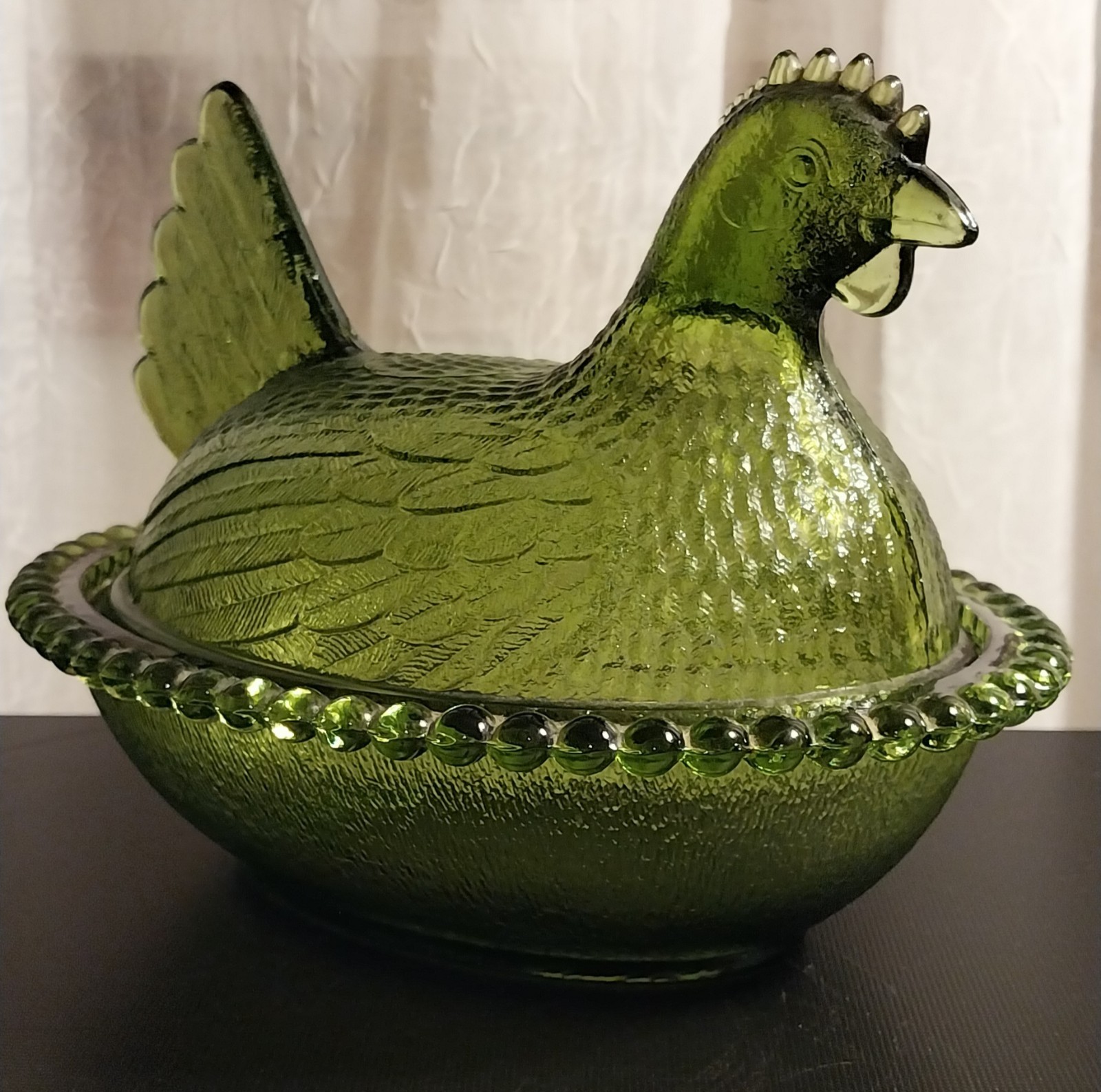 Authentic Vintage Indiana Hen On Nest Glass Olive Green HON Glass Covered Dish