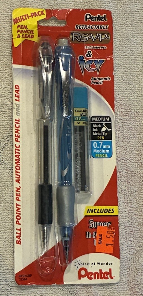 Vintage Pentel Retractable RSVP Pen & Icy Automatic Pencil With Lead, Brand New