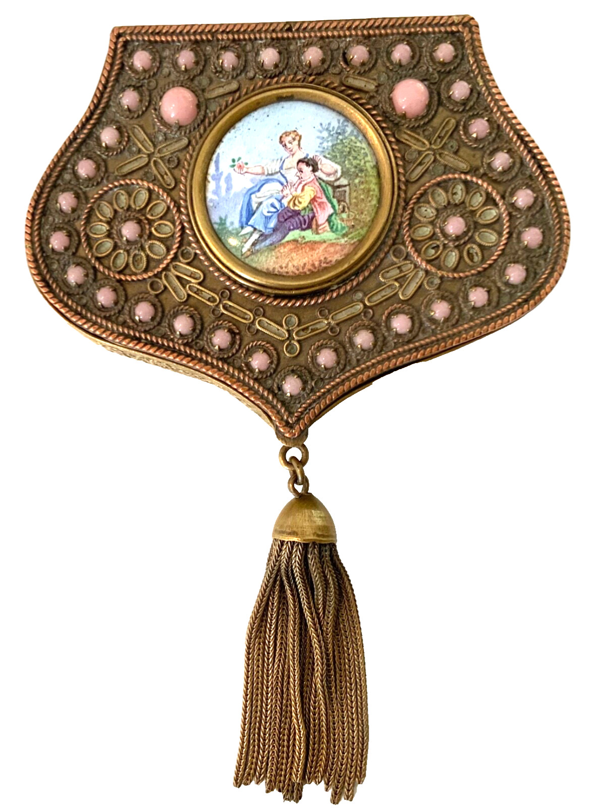EXQUISITE FRENCH Antique *PINK STONES* ENAMEL* PORTRAITS*TASSEL* Compact