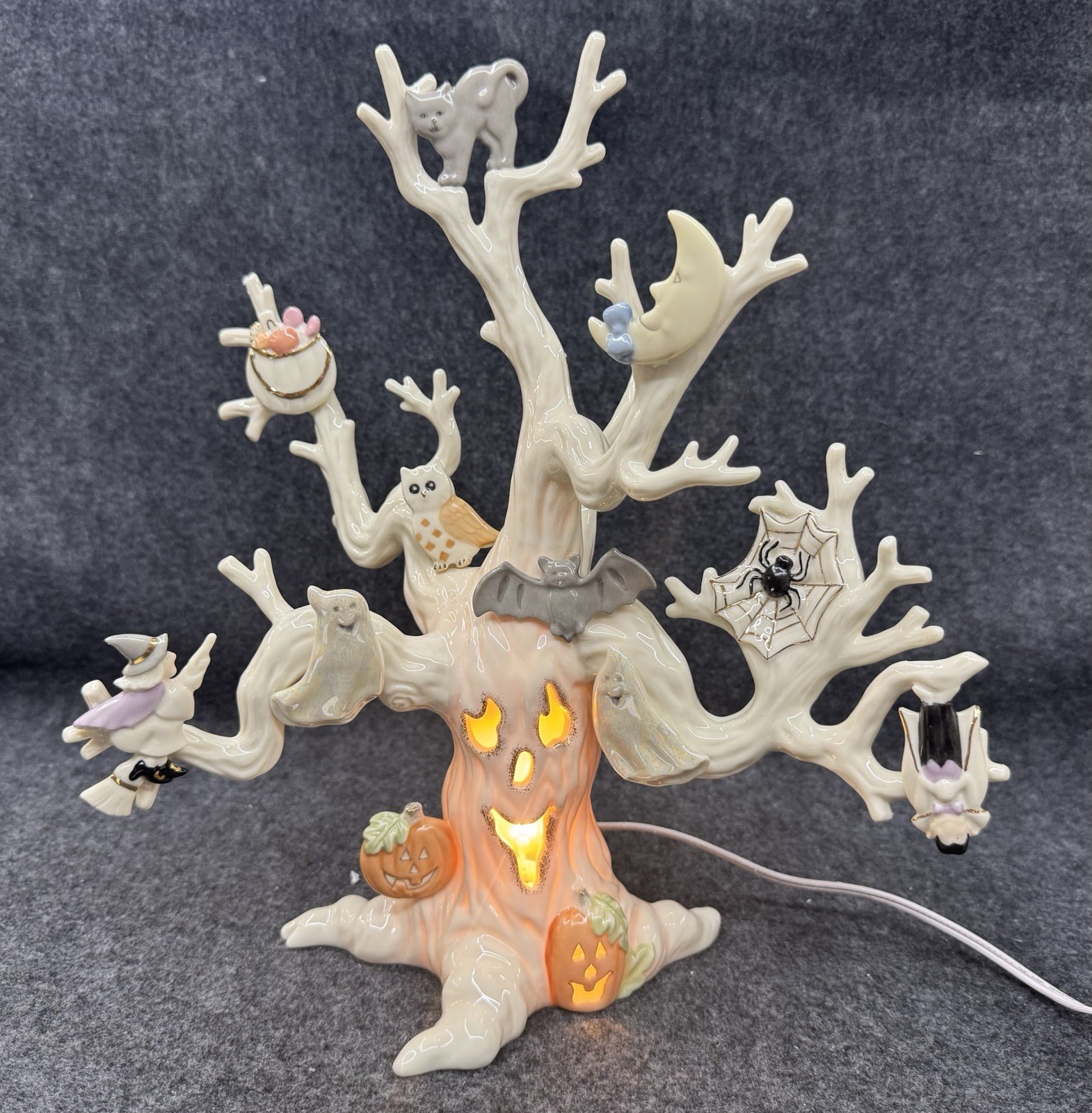 LENOX Halloween Haunted Tree Light Lamp Porcelain Ghost Cat Owl Bat w/ Box COA