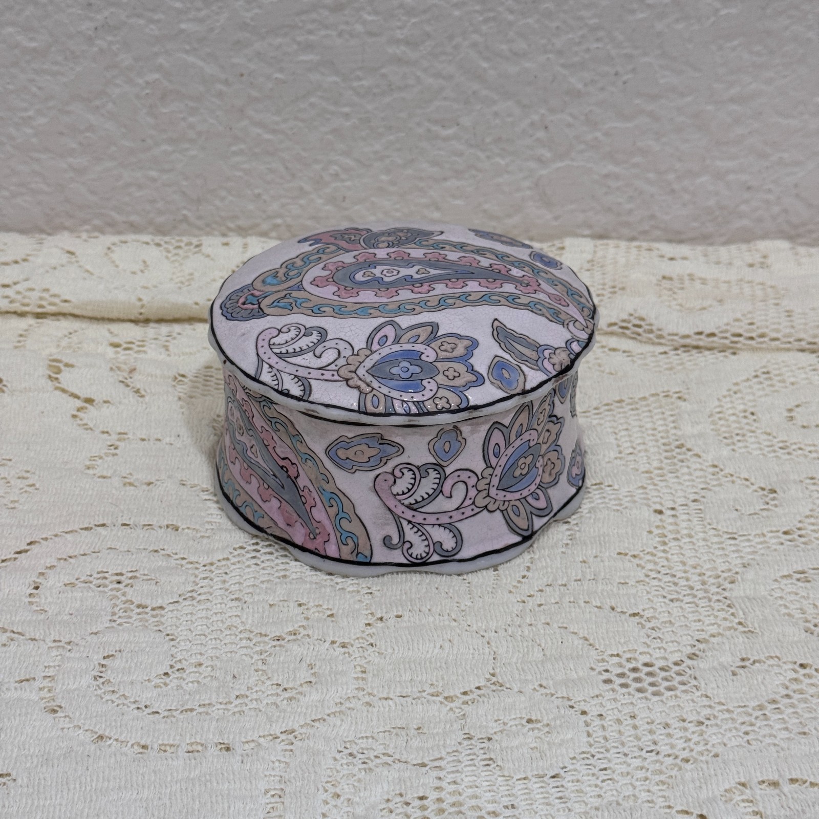 Vintage HFP Macau Porcelain Trinket Box Pastel Paisley Covered Jar Made in China