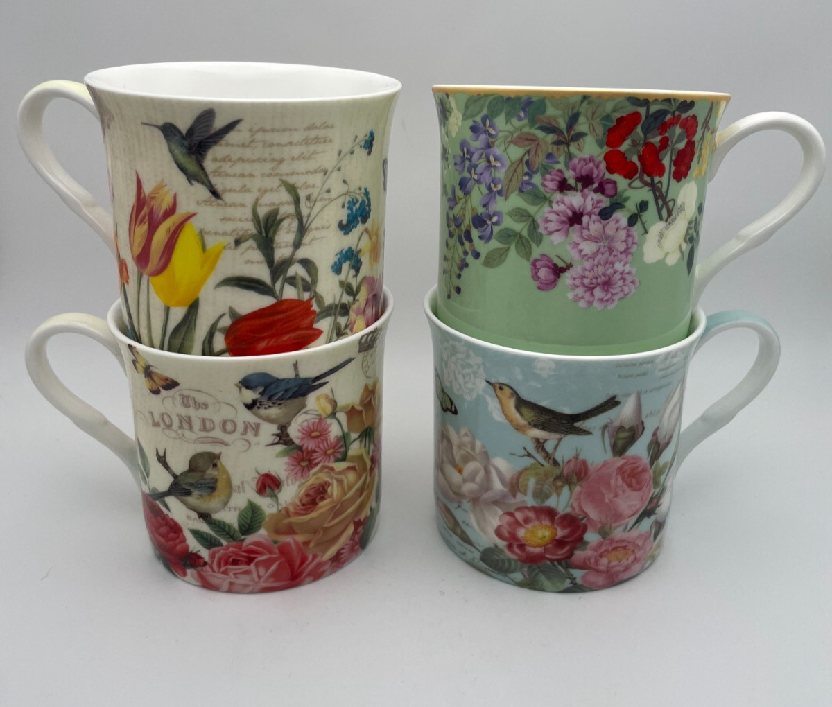 Stechcal Gracie Bone China Cylinder Mug Flowers Summer Garden 10oz Set of 4 B102